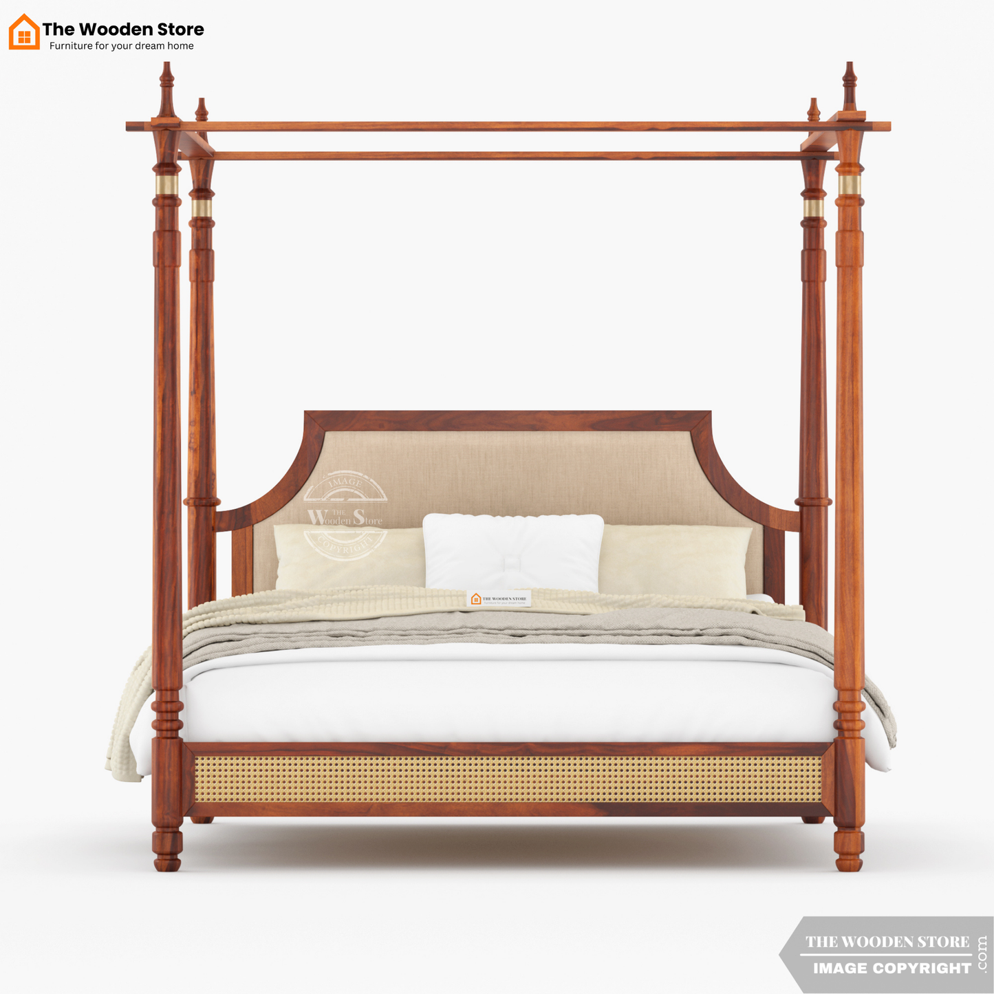 Canora Sheesham Wood and Cane Upholstered Poster Bed Without Storage  (King Size, Honey Finish)