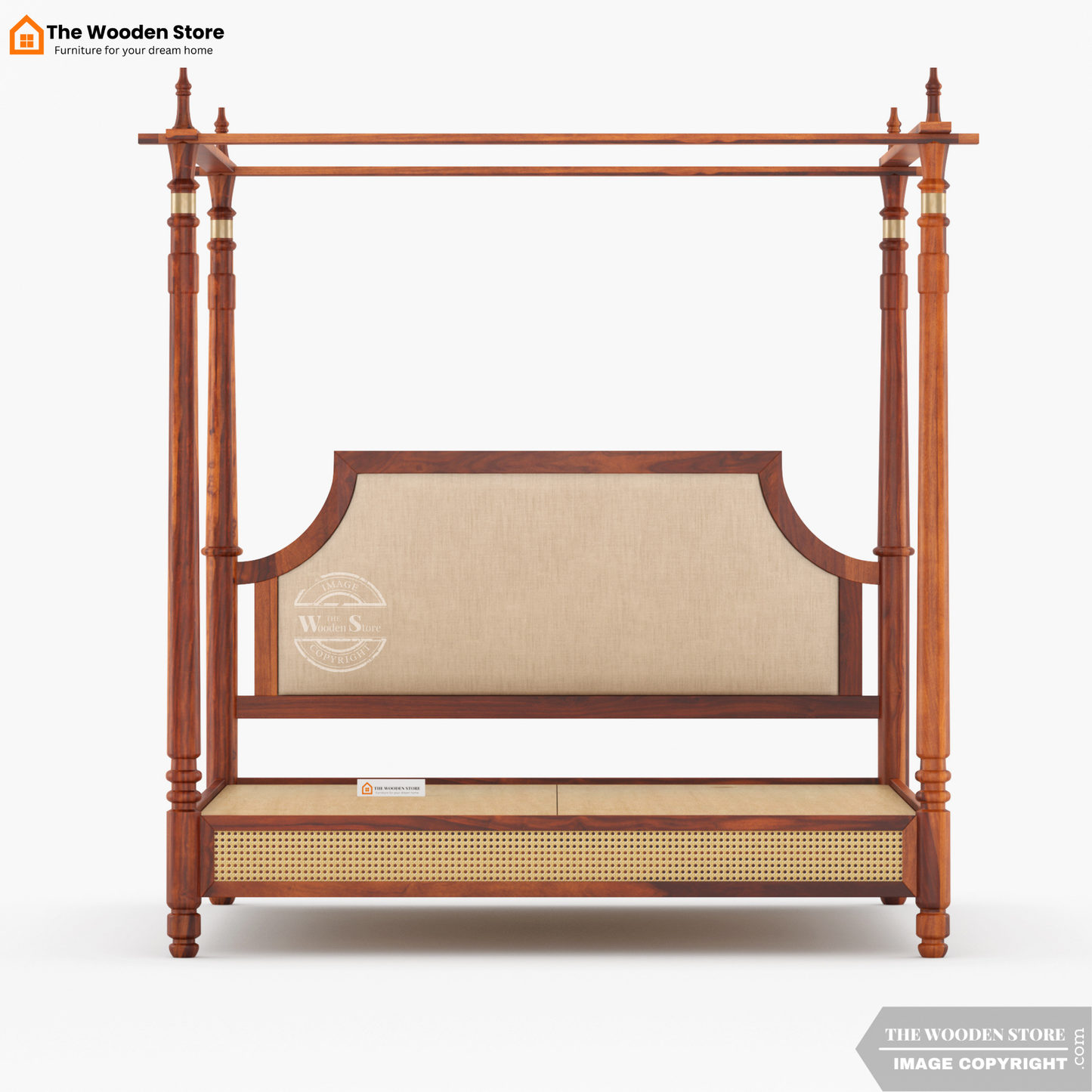 Canora Sheesham Wood and Cane Upholstered Poster Bed Without Storage  (King Size, Honey Finish)