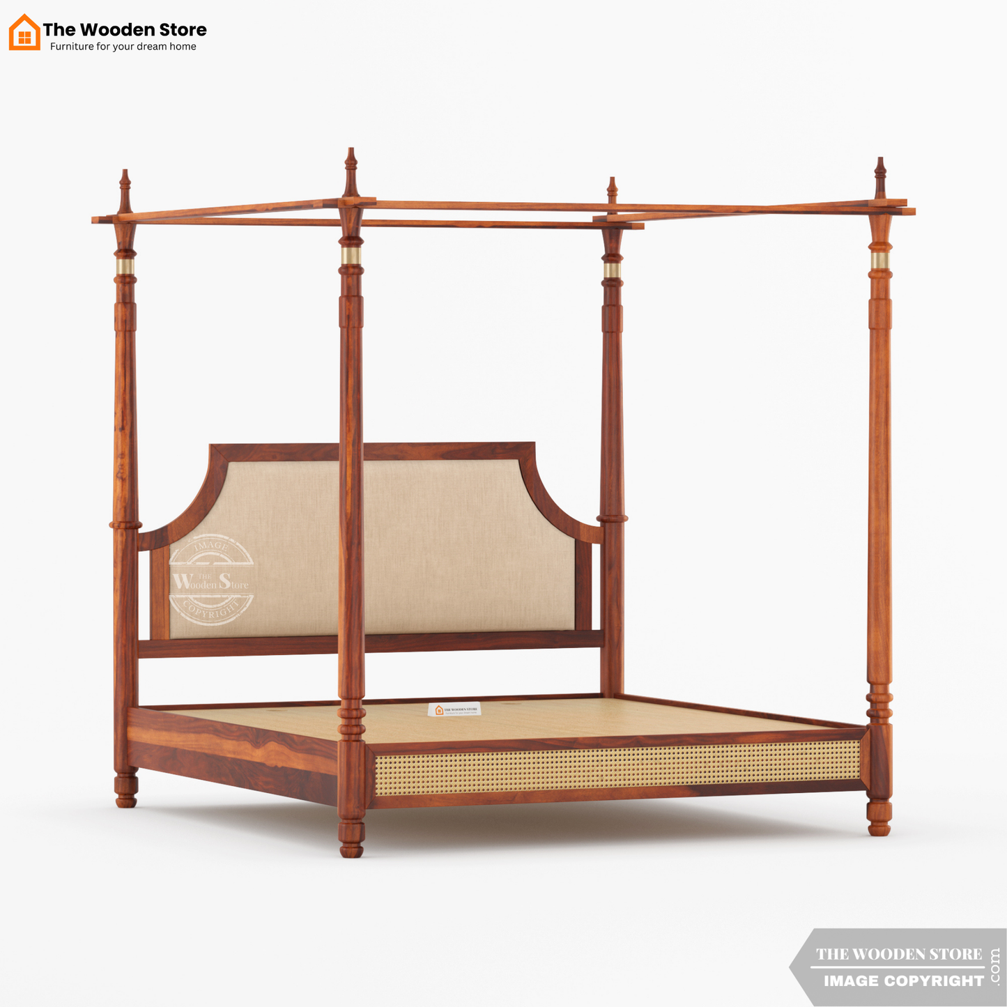 Canora Sheesham Wood and Cane Upholstered Poster Bed Without Storage  (King Size, Honey Finish)
