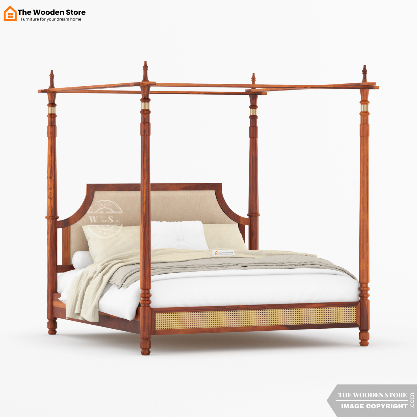 Canora Sheesham Wood and Cane Upholstered Poster Bed Without Storage  (King Size, Honey Finish)