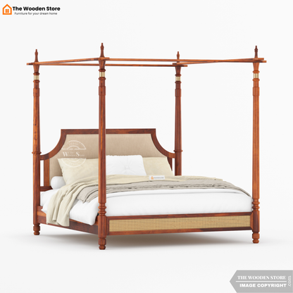 Canora Sheesham Wood and Cane Upholstered Poster Bed Without Storage  (King Size, Honey Finish)