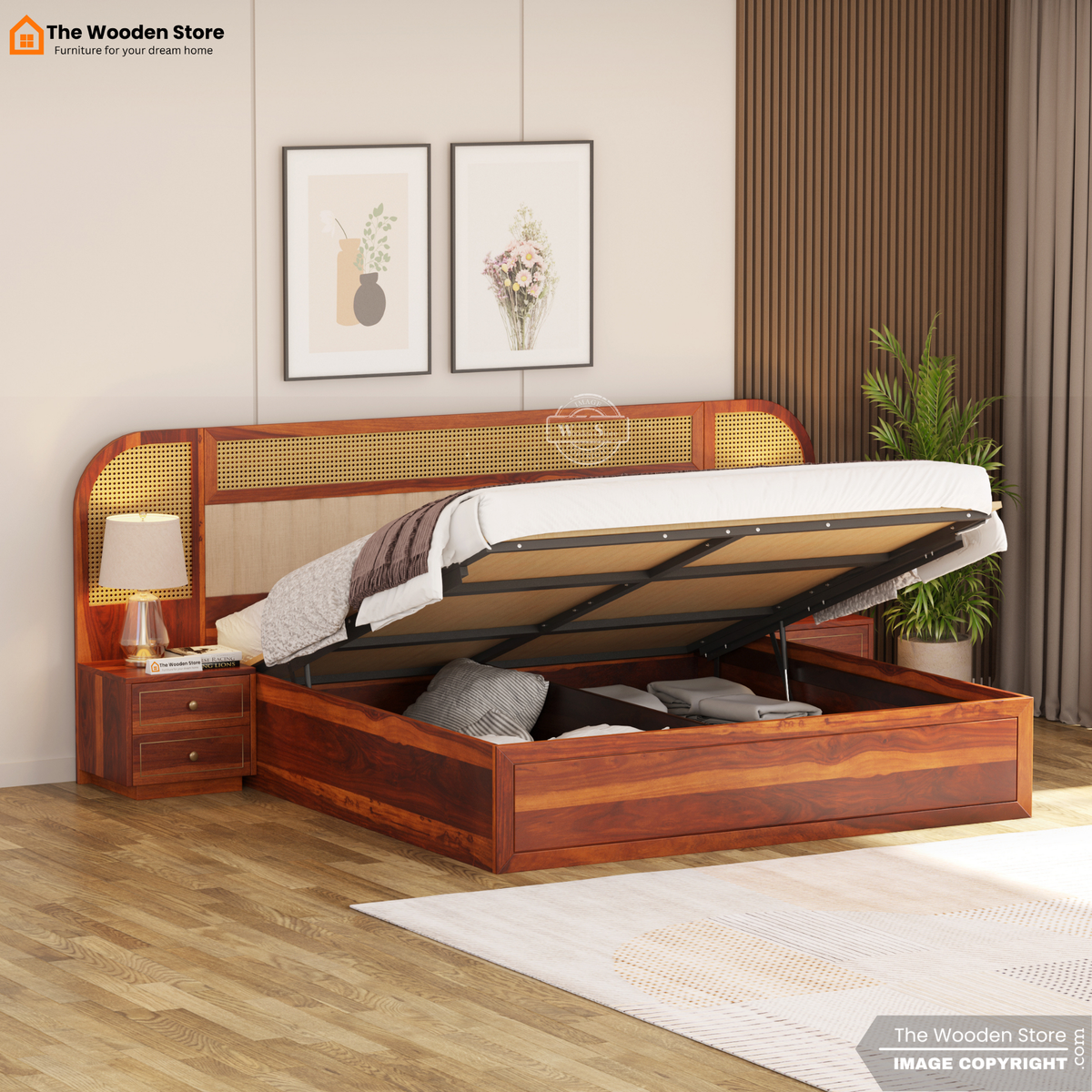Saya Hydraulic Bed With Storage (Queen Size, Honey Finish)