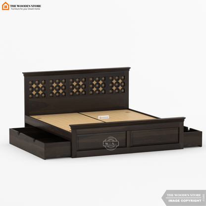 Indi Brass Bed with Drawer Storage (Queen Size, Walnut Finish)