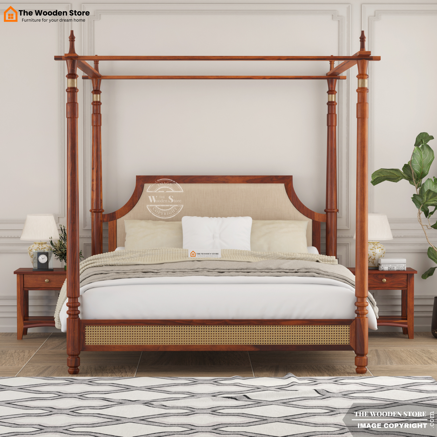 Canora Sheesham Wood and Cane Upholstered Poster Bed Without Storage  (King Size, Honey Finish)