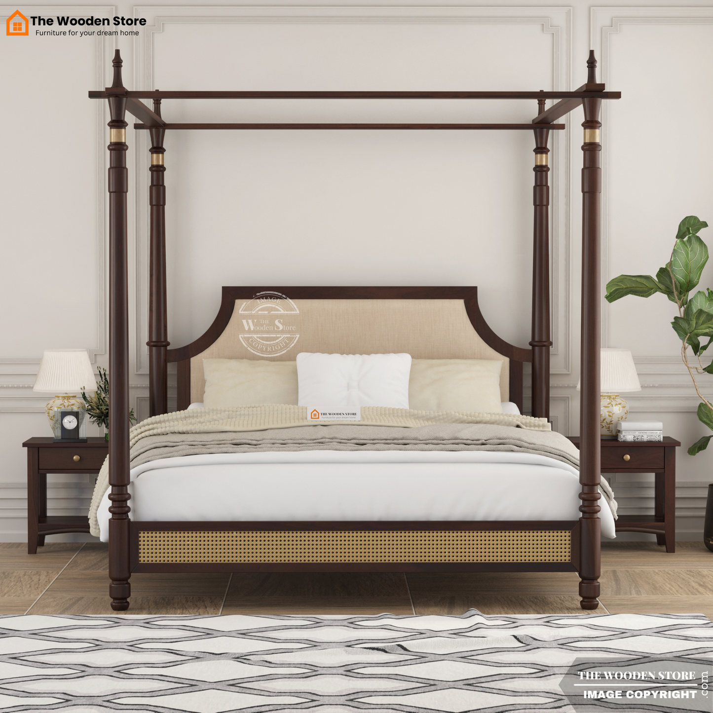 Canora Sheesham Wood and Cane Upholstered Poster Bed Without Storage  (King Size, Walnut Finish)