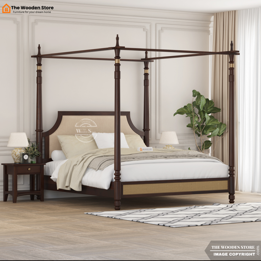 Canora Sheesham Wood and Cane Upholstered Poster Bed Without Storage  (King Size, Walnut Finish)