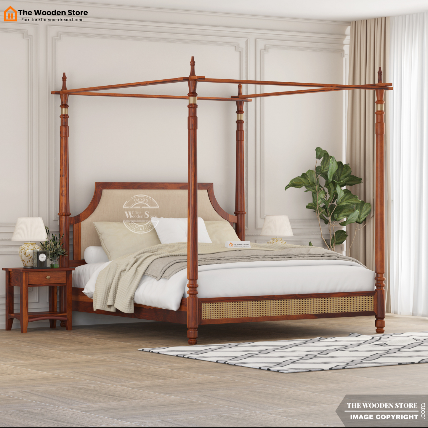 Canora Sheesham Wood and Cane Upholstered Poster Bed Without Storage  (King Size, Honey Finish)