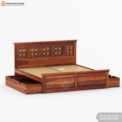 Indi Brass Bed with Drawer Storage (Queen Size, Honey Finish)