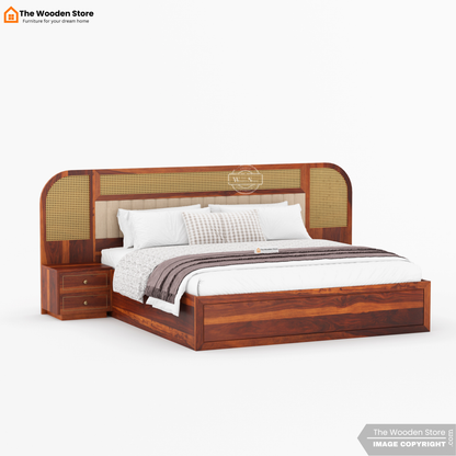 Saya Hydraulic Bed With Storage (Queen Size, Honey Finish)