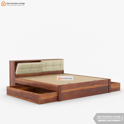 Amelia Drawer Storage Bed With Bedside (Queen Size, Honey Finish)