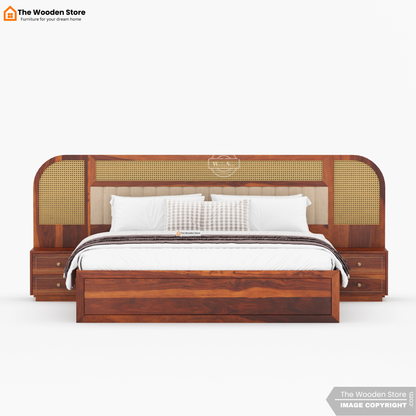 Saya Hydraulic Bed With Storage (Queen Size, Honey Finish)
