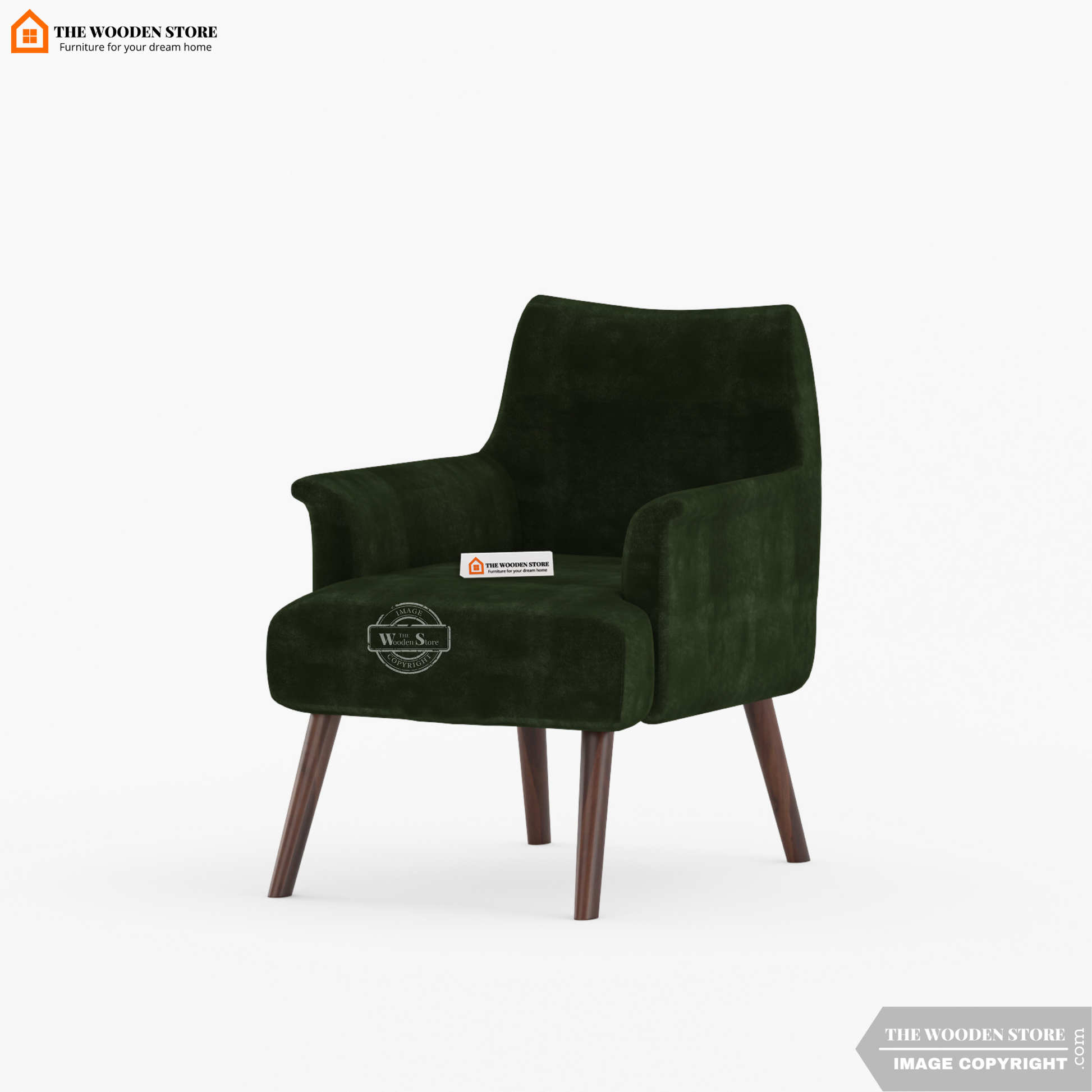 Green armchair with wooden legs on a white background