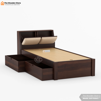 Walker Single Bed With Drawer Storage (Walnut Finish)