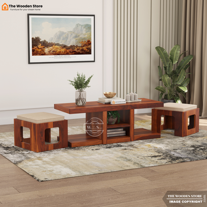 Jelo Coffee Table with 2 Stools (Honey Finish)