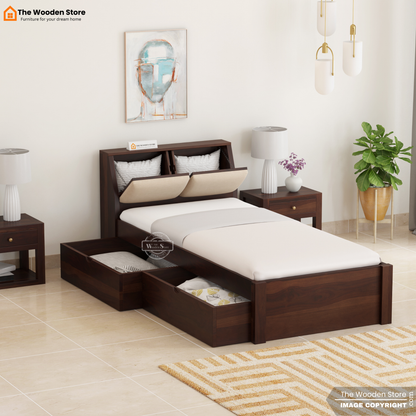 Walker Single Bed With Drawer Storage (Walnut Finish)