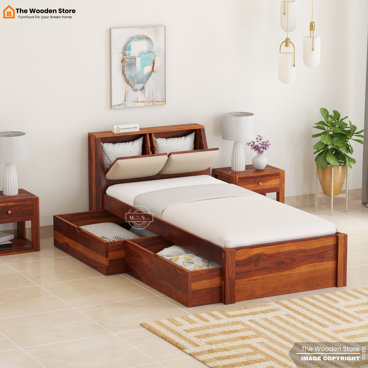 Walker Single Bed With Drawer Storage (Honey Finish)