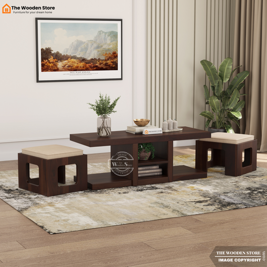 Jelo Coffee Table with 2 Stools (Walnut Finish)