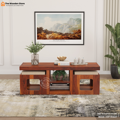 Jelo Coffee Table with 2 Stools (Honey Finish)
