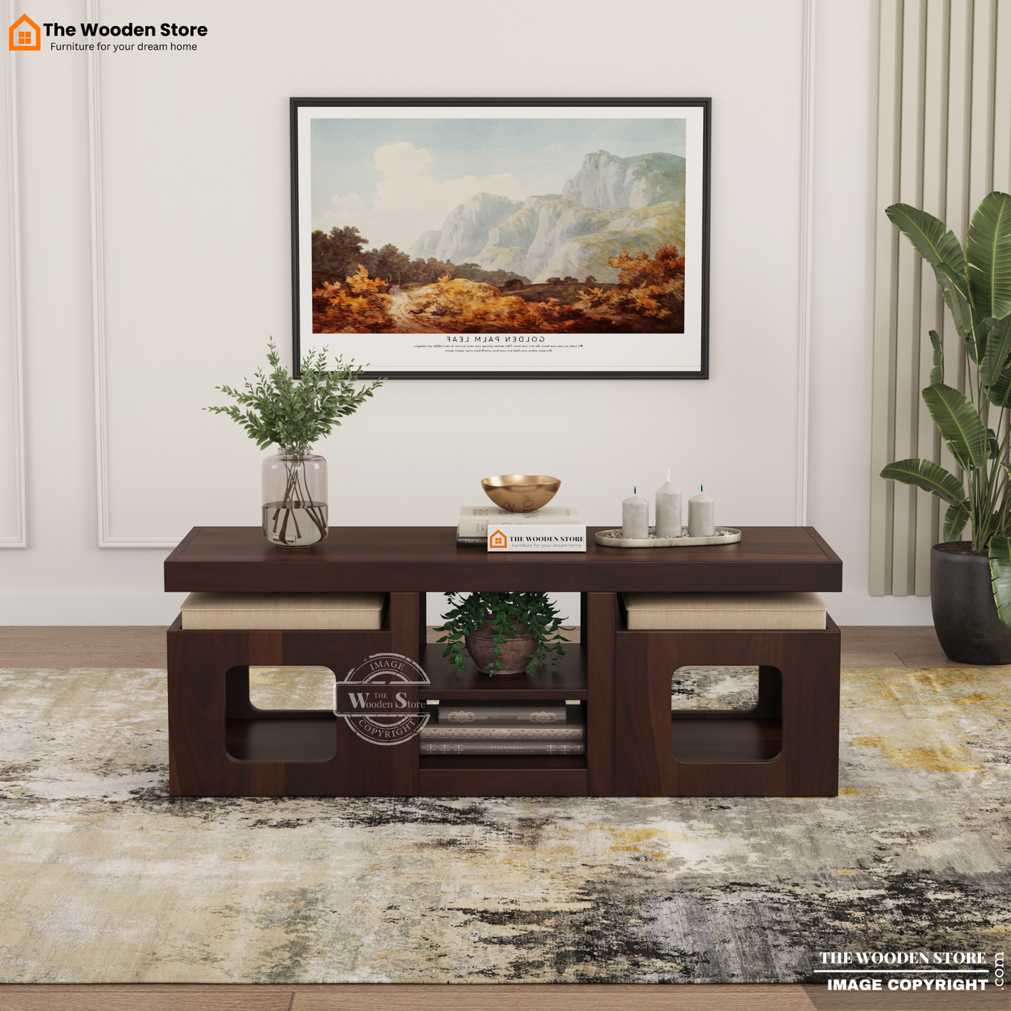 Jelo Coffee Table with 2 Stools (Walnut Finish)