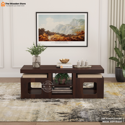 Jelo Coffee Table with 2 Stools (Walnut Finish)