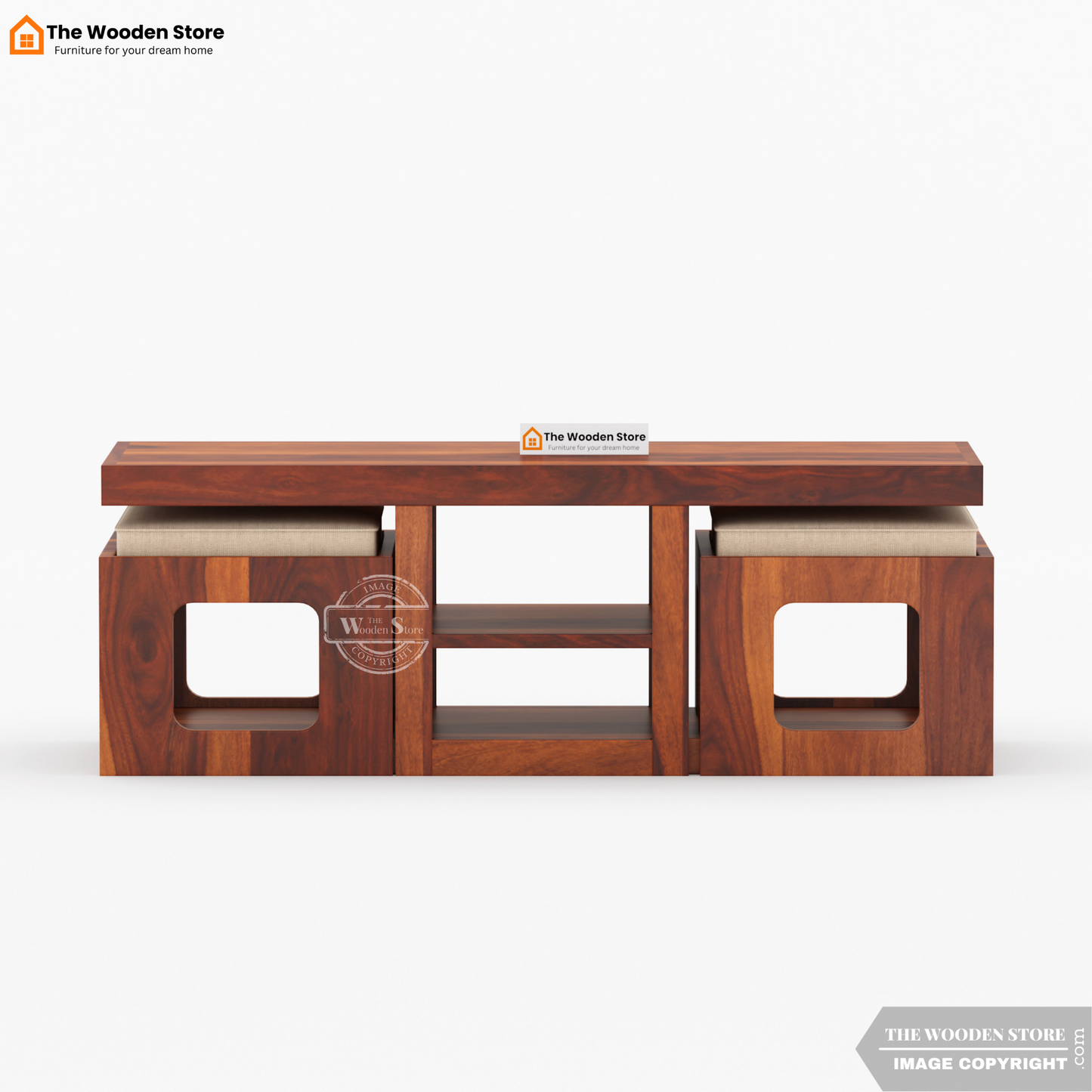 Jelo Coffee Table with 2 Stools (Honey Finish)