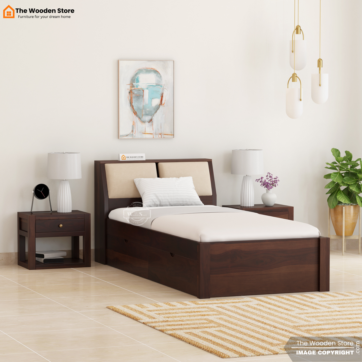 Walker Single Bed With Drawer Storage (Walnut Finish)