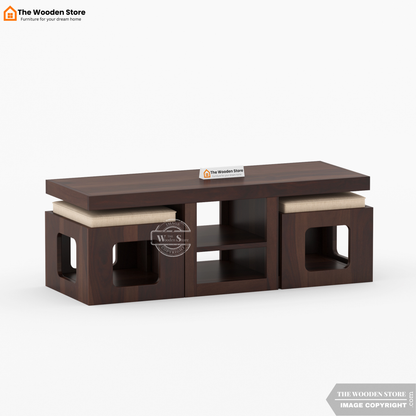 Jelo Coffee Table with 2 Stools (Walnut Finish)