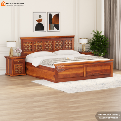 Indi Brass Bed With Box Storage (Queen Size, Honey Finish)