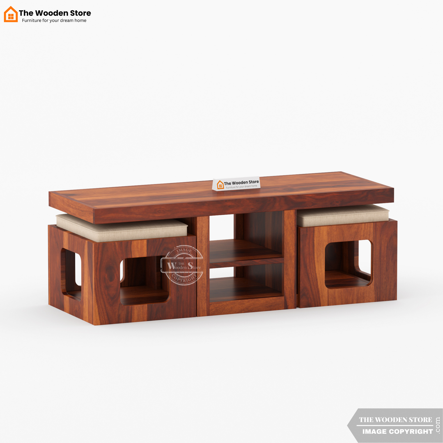 Jelo Coffee Table with 2 Stools (Honey Finish)