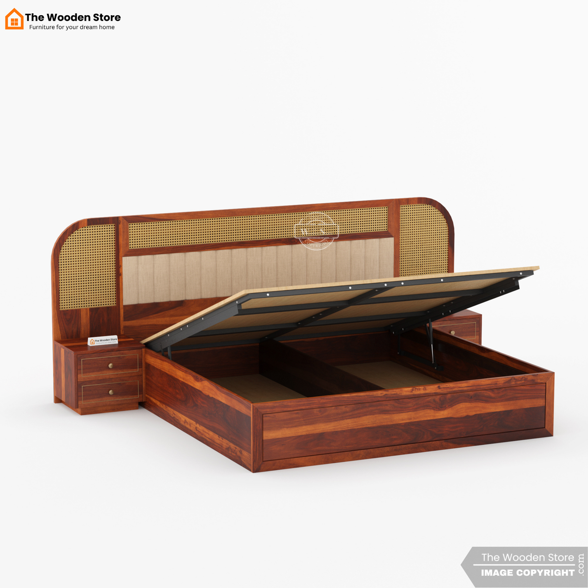 Saya Hydraulic Bed With Storage (Queen Size, Honey Finish)