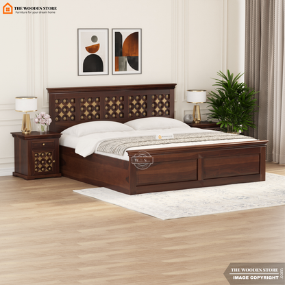 Indi Brass Bed With Box Storage (Queen Size, Walnut Finish)