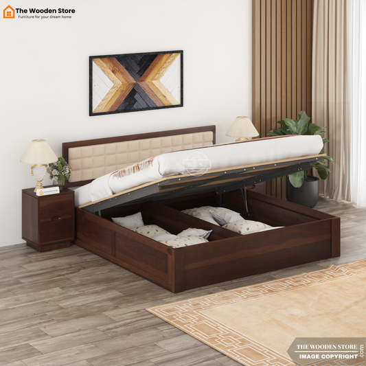 Halis Upholstered Hydraulic Bed With Storage (King Size, Walnut Finish)