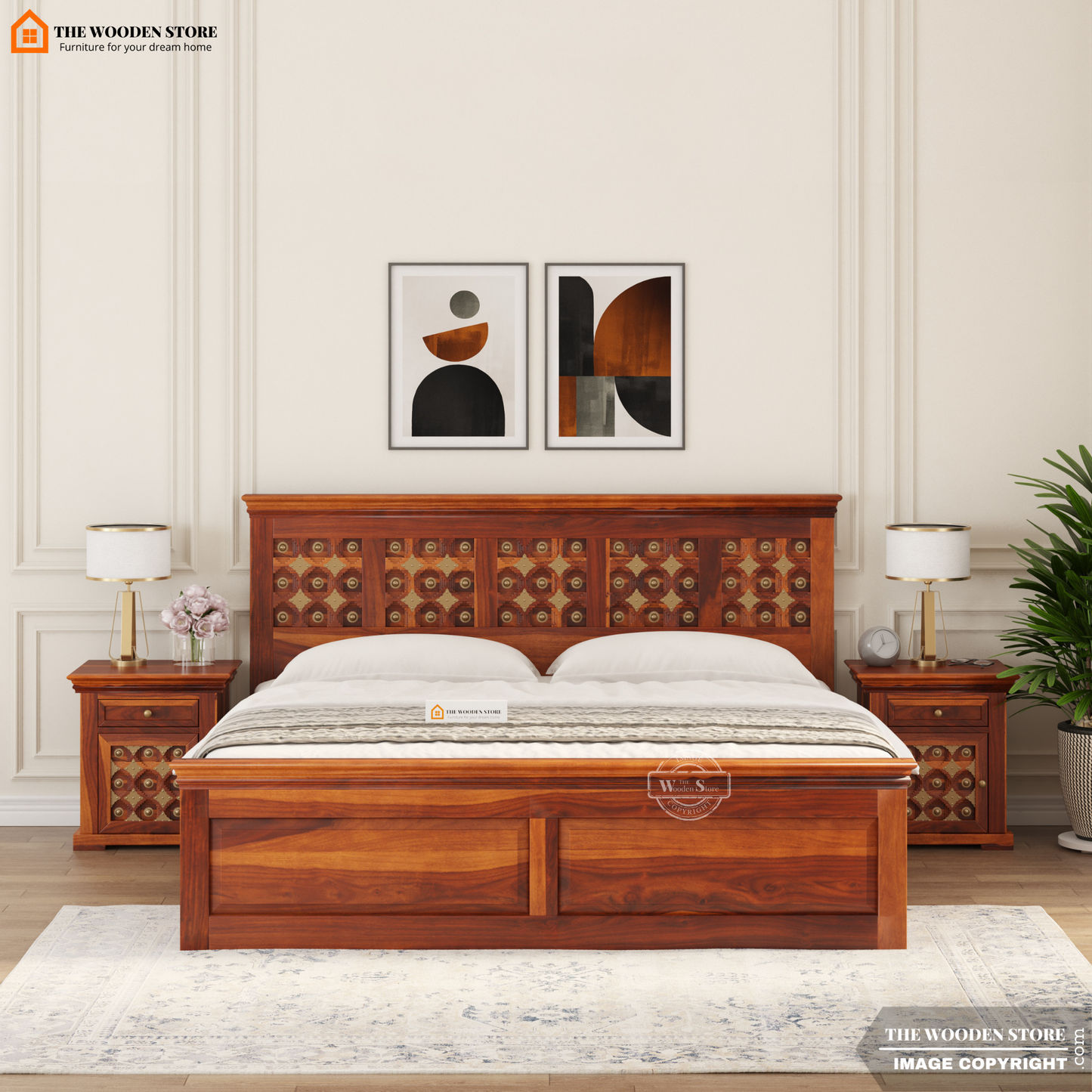 Indi Brass Bed With Box Storage (Queen Size, Honey Finish)