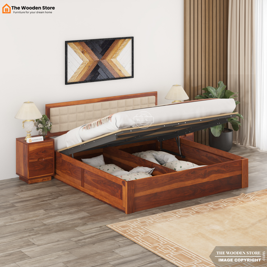 Halis Upholstered Hydraulic Bed With Storage (King Size, Honey Finish)