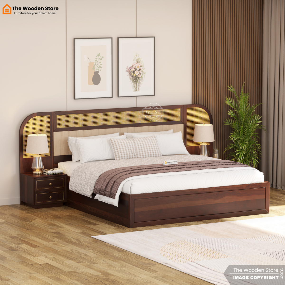 Saya Hydraulic Bed With Storage (King Size, Walnut Finish)