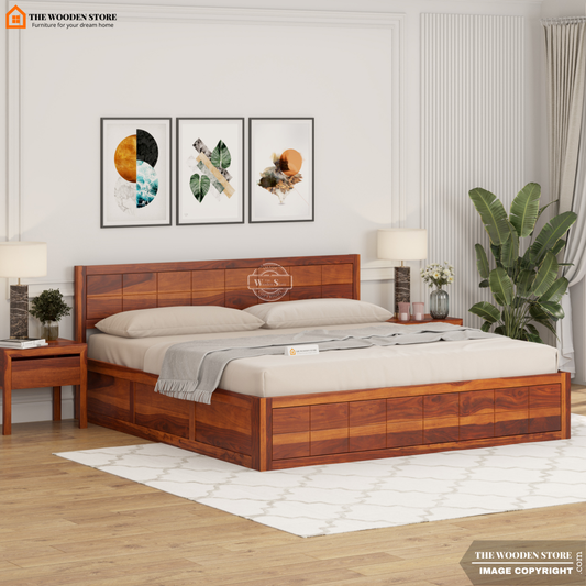 Bricks Bed With Box Storage (King Size, Honey Finish)