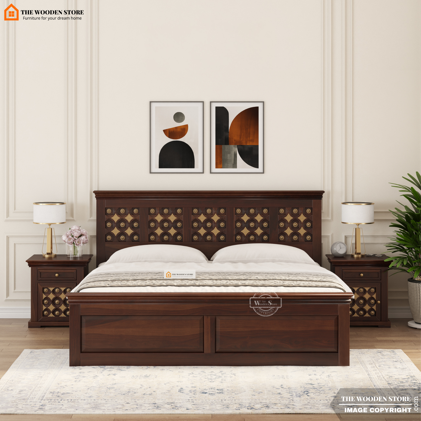 Indi Brass Bed With Box Storage (Queen Size, Walnut Finish)