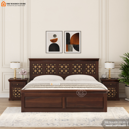 Indi Brass Bed With Box Storage (Queen Size, Walnut Finish)