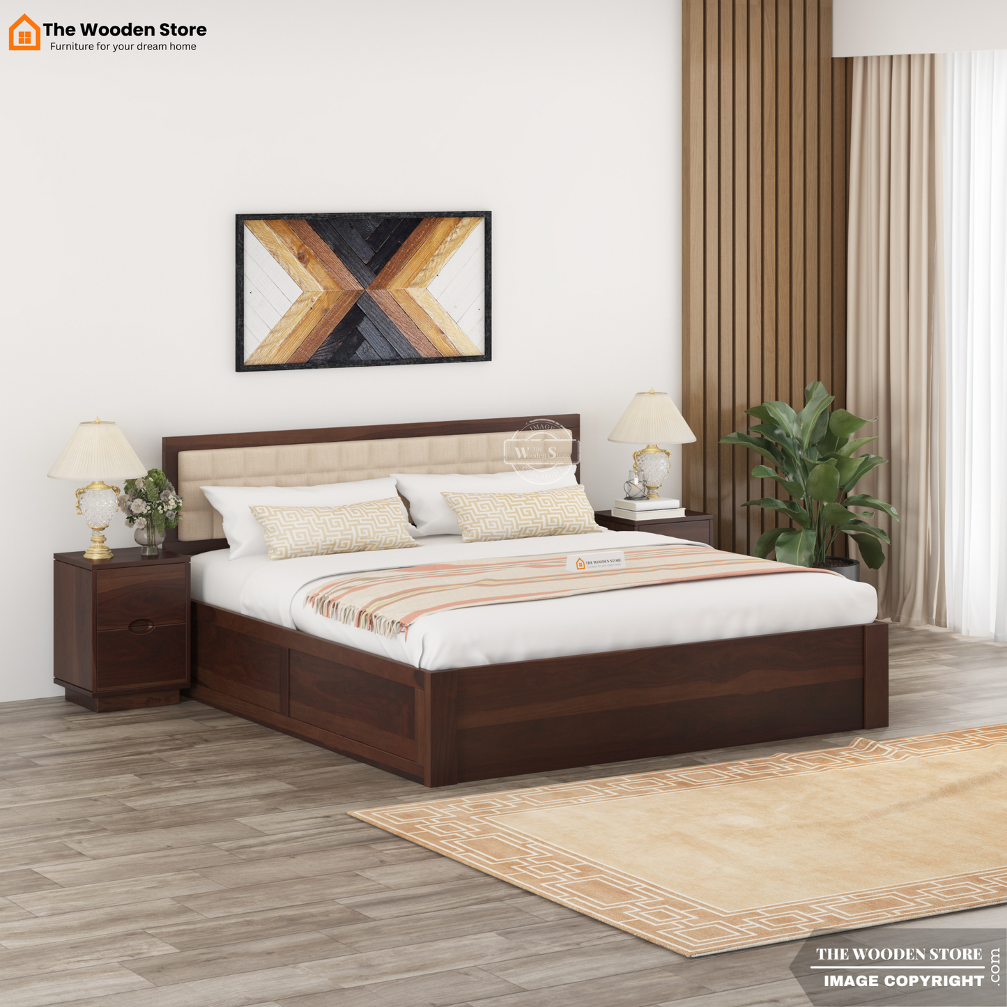 Halis Upholstered Hydraulic Bed With Storage (King Size, Walnut Finish)