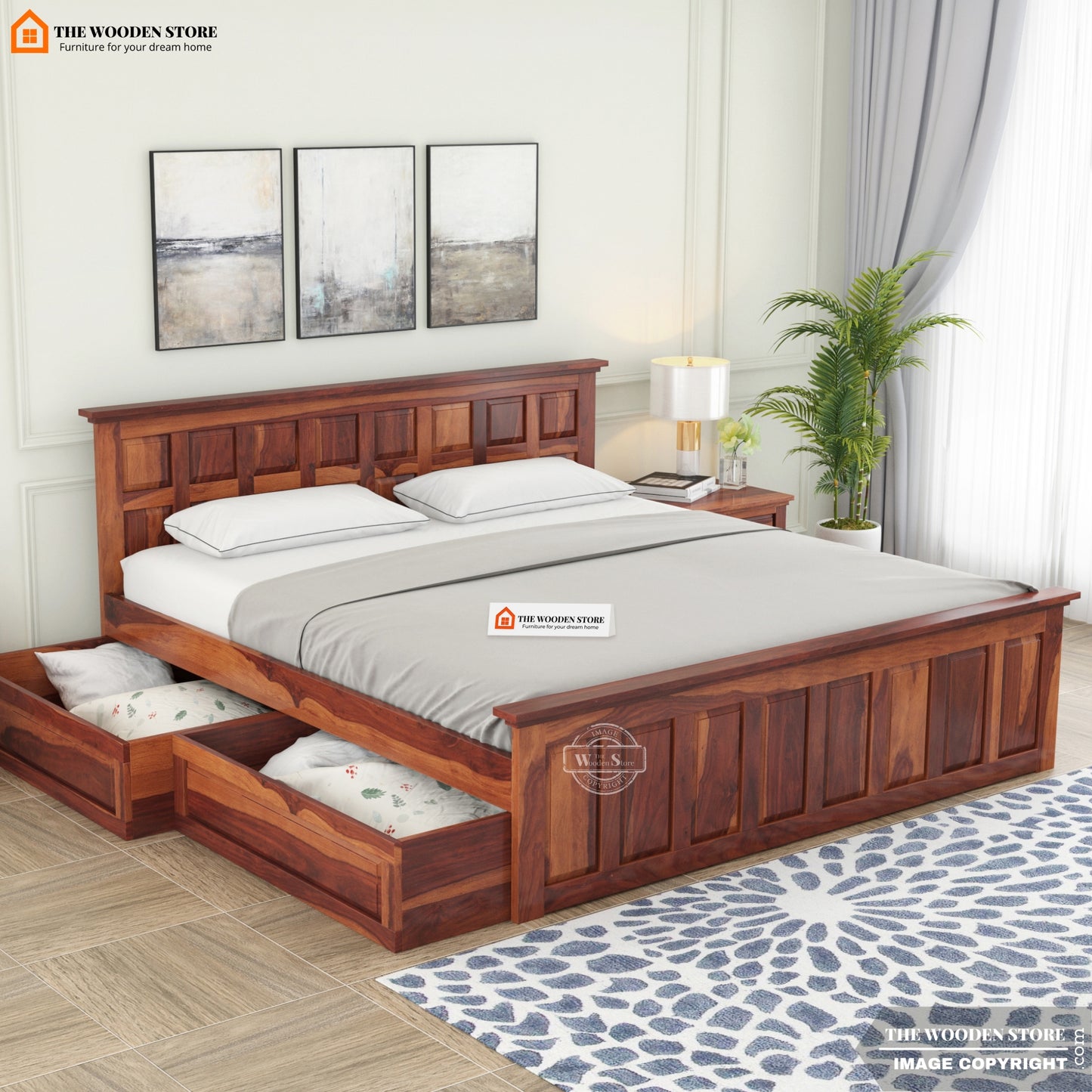 Paloma Bed with Drawer Storage (King Size, Honey Finish)