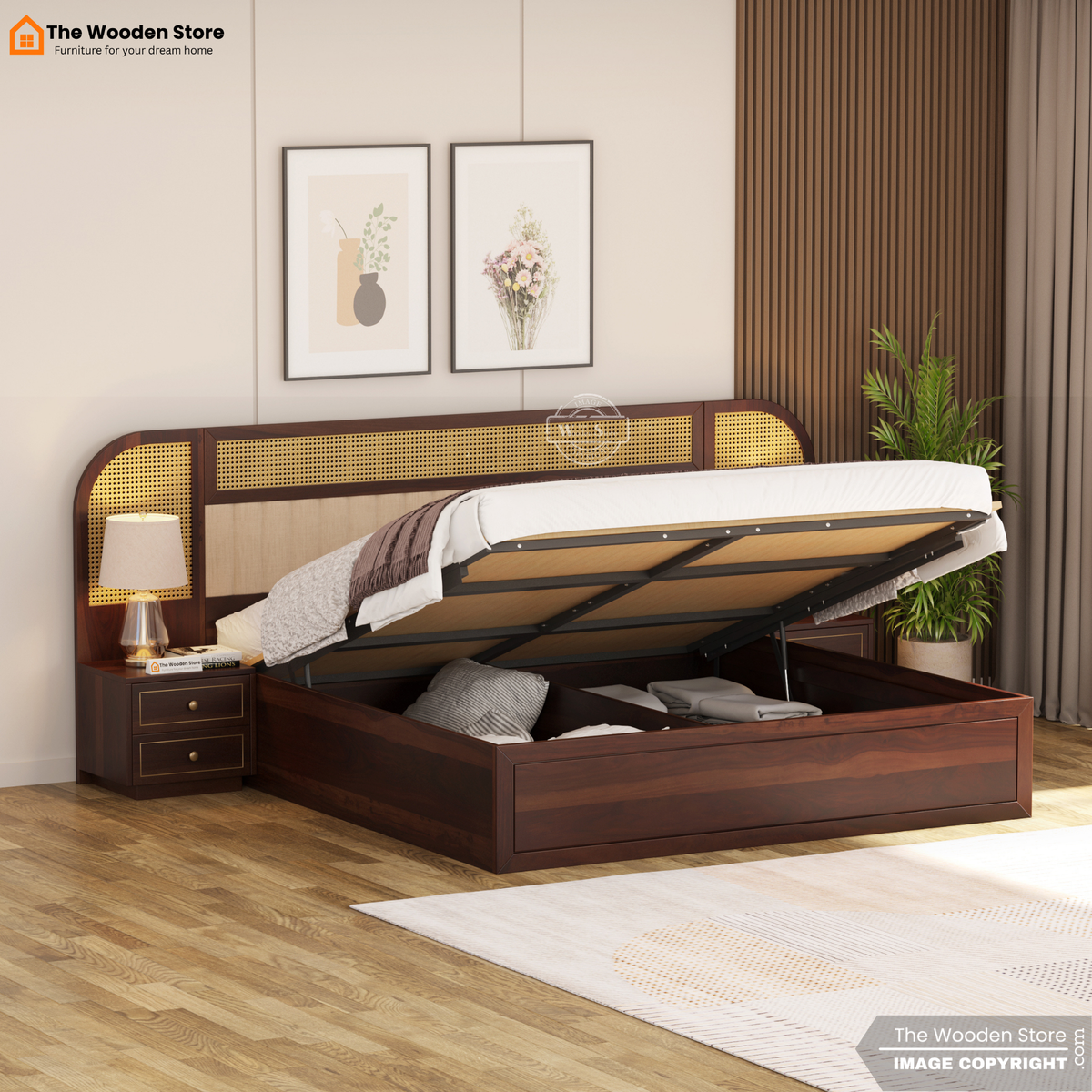 Saya Hydraulic Bed With Storage (King Size, Walnut Finish)