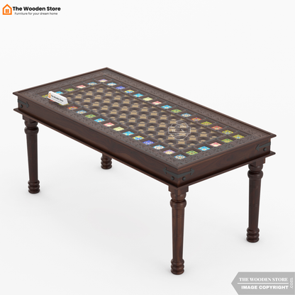 Royal Brass and Tiles 6 Seater Dining Table Set (Walnut Finish)