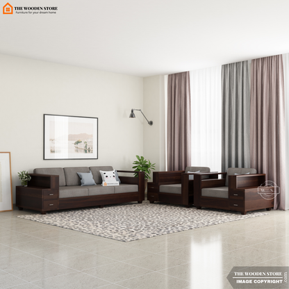 Brian 3+1+1 Wooden Sofa Set (Walnut Finish)