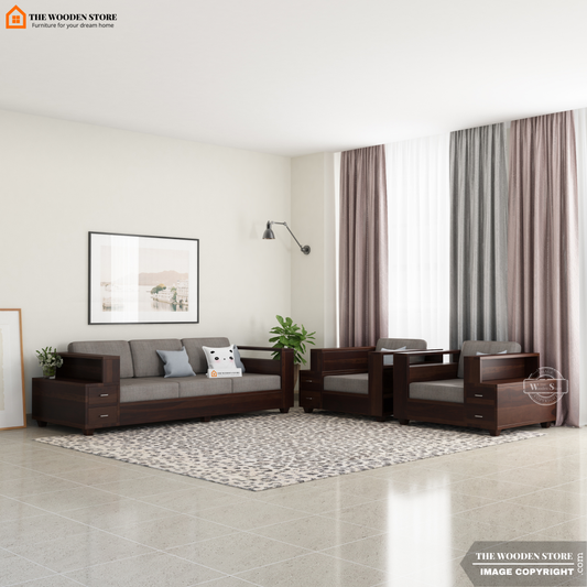 Brian 3+1+1 Wooden Sofa Set (Walnut Finish)