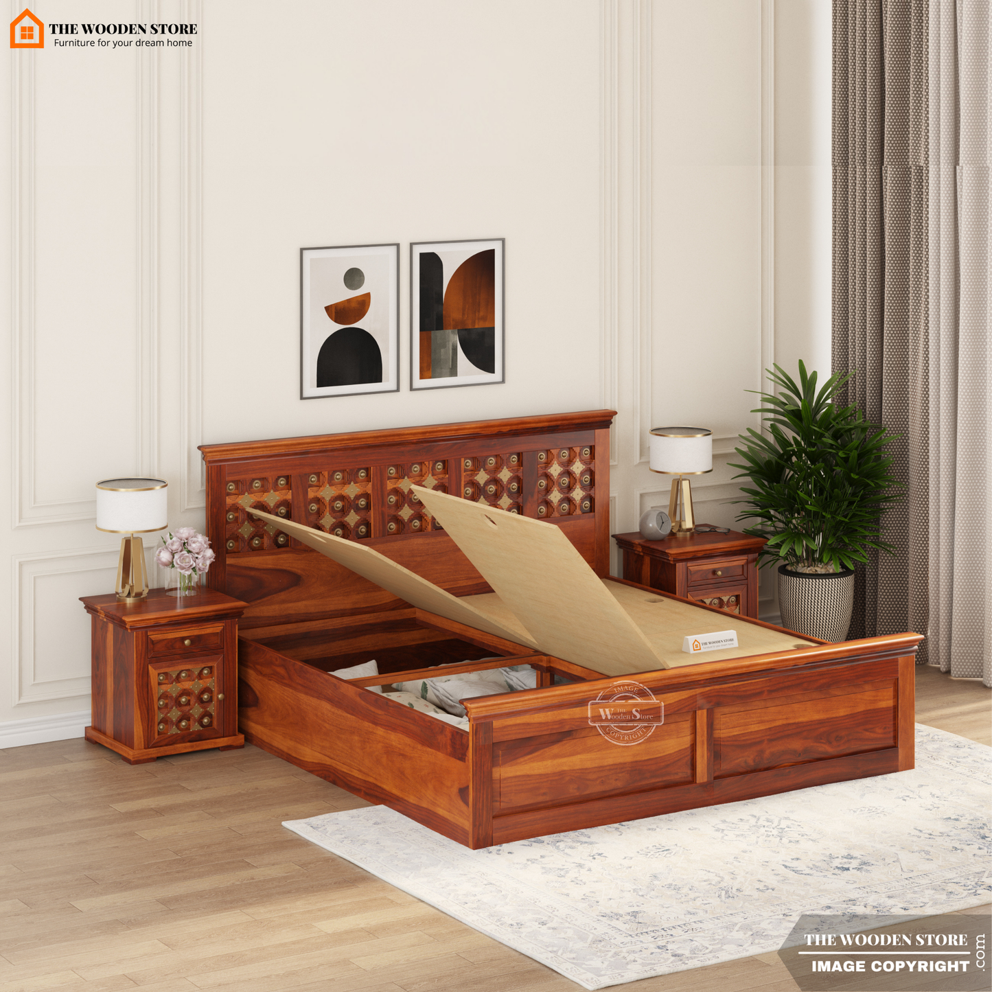 Indi Brass Bed With Box Storage (Queen Size, Honey Finish)