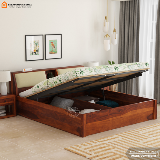 Walker Hydraulic Bed With Storage (King Size, Honey Finish)