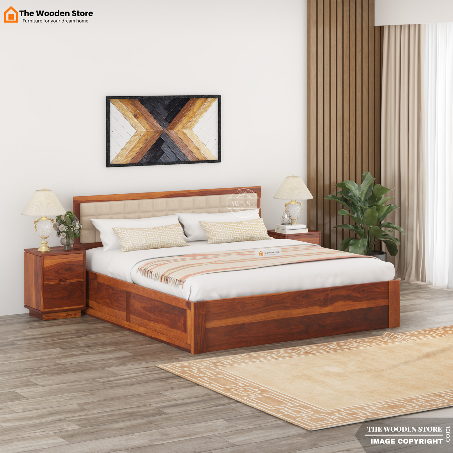 Halis Upholstered Hydraulic Bed With Storage (King Size, Honey Finish)