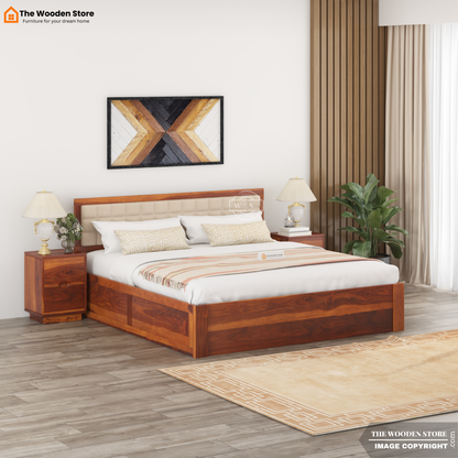 Halis Upholstered Hydraulic Bed With Storage (King Size, Honey Finish)