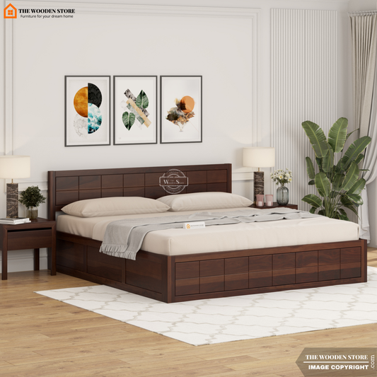 Bricks Bed With Box Storage (King Size, Walnut Finish)