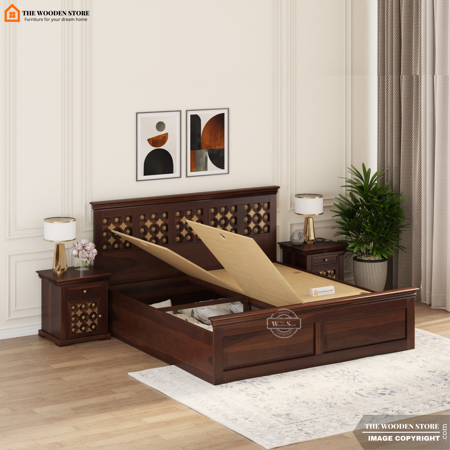 Indi Brass Bed With Box Storage (Queen Size, Walnut Finish)